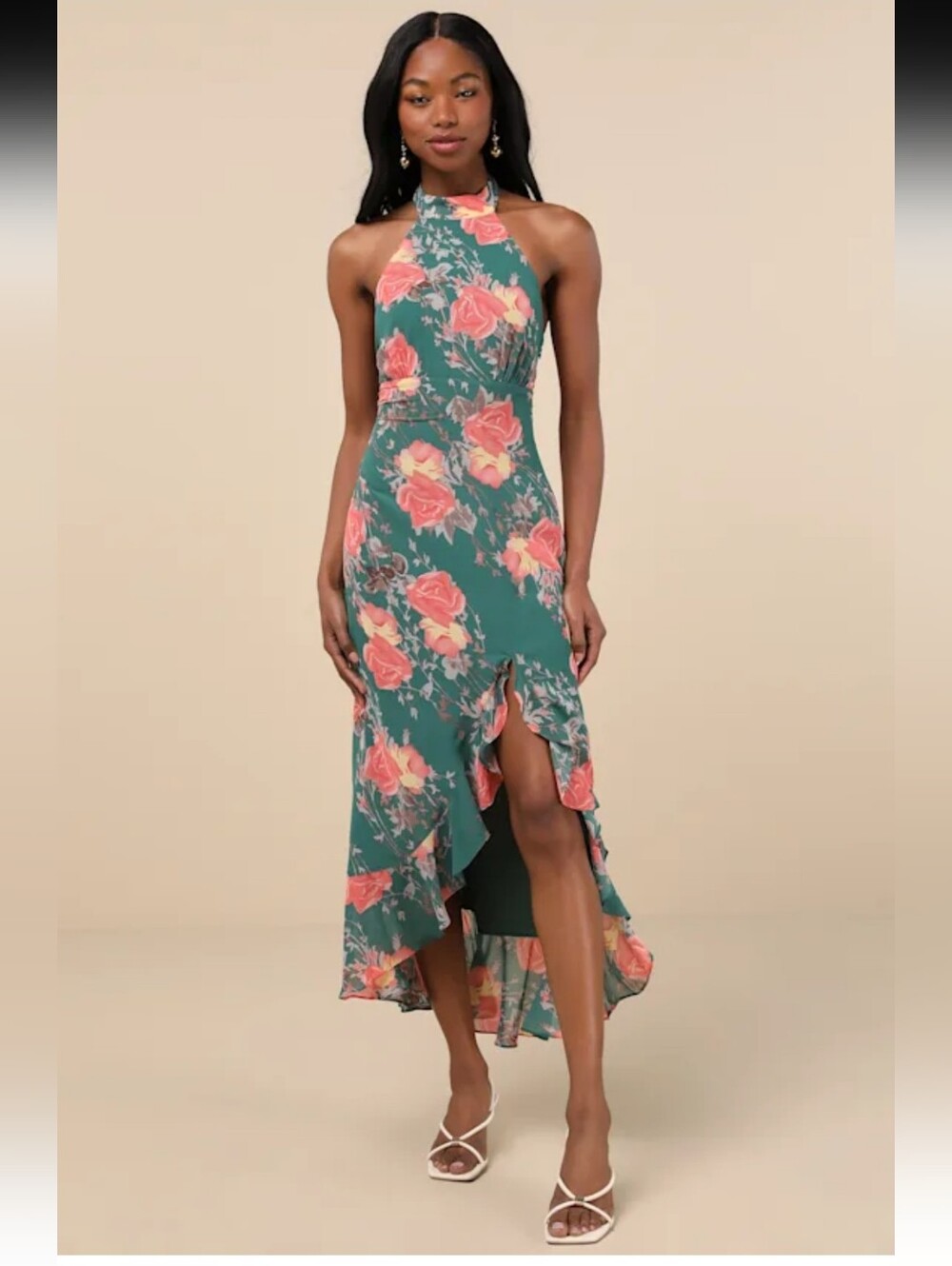 Lulu's Teal Floral Halter Midi Dress with Coral Blooms Size XS NEW #4G